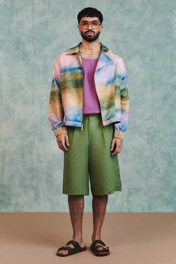 Saphed_Multi Color Cotton, Linen Prism Flap Jacket _Online_at_Aza_Fashions