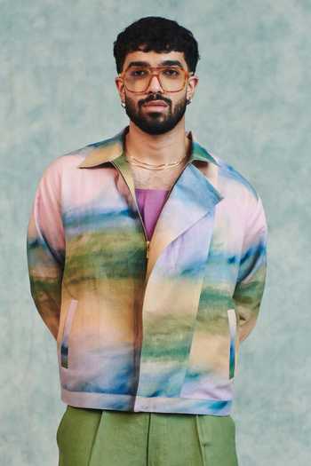 Buy_Saphed_Multi Color Cotton, Linen Prism Flap Jacket _Online_at_Aza_Fashions
