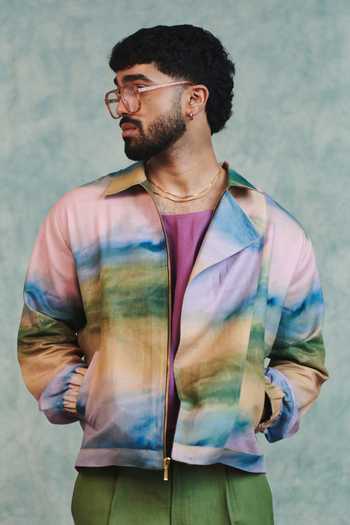 Shop_Saphed_Multi Color Cotton, Linen Prism Flap Jacket _Online_at_Aza_Fashions