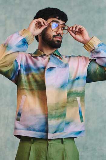Saphed_Multi Color Cotton, Linen Prism Flap Jacket _at_Aza_Fashions