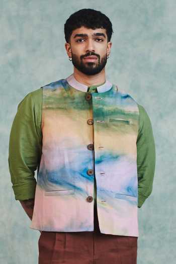 Saphed Prism Co Linen Nehru Jacket 