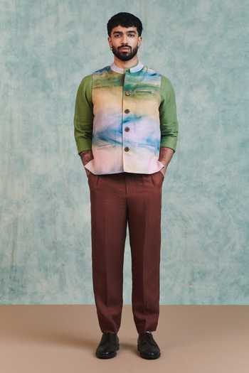 Saphed Multi Color Cotton, Linen Prism Co Nehru Jacket Online at Aza Fashions Saphed_Multi Color Cotton, Linen Prism Co Nehru Jacket _Online_at_Aza_Fashions