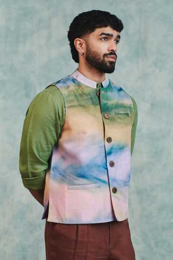 Shop Saphed Multi Color Cotton, Linen Prism Co Nehru Jacket Online at Aza Fashions Shop_Saphed_Multi Color Cotton, Linen Prism Co Nehru Jacket _Online_at_Aza_Fashions