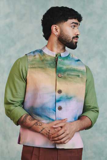 Saphed Multi Color Cotton, Linen Prism Co Nehru Jacket at Aza Fashions Saphed_Multi Color Cotton, Linen Prism Co Nehru Jacket _at_Aza_Fashions