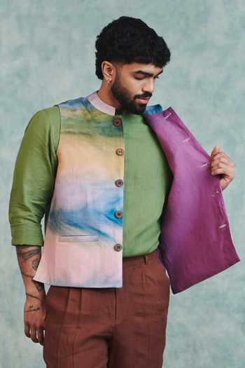 Buy Saphed Multi Color Cotton, Linen Prism Co Nehru Jacket Buy_Saphed_Multi Color Cotton, Linen Prism Co Nehru Jacket
