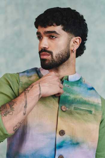 Shop Saphed Multi Color Cotton, Linen Prism Co Nehru Jacket Shop_Saphed_Multi Color Cotton, Linen Prism Co Nehru Jacket