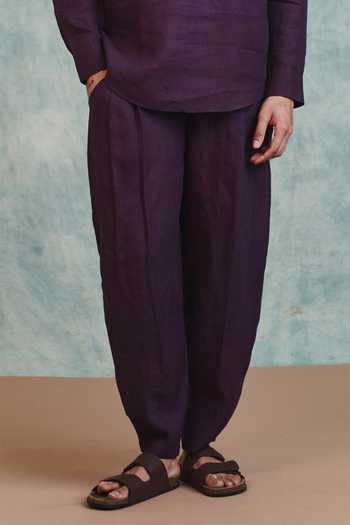 Saphed_Purple Linen Shirt Kurta And Barrel Pant Set _Online_at_Aza_Fashions