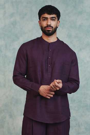 Buy_Saphed_Purple Linen Shirt Kurta And Barrel Pant Set _Online_at_Aza_Fashions