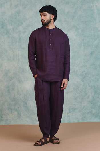 Saphed Linen Shirt Kurta & Barrel Pant Set 