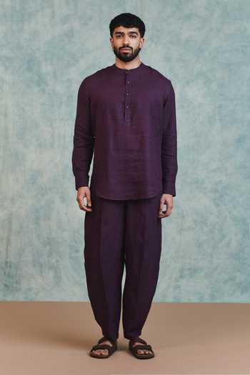 Shop_Saphed_Purple Linen Shirt Kurta And Barrel Pant Set _Online_at_Aza_Fashions