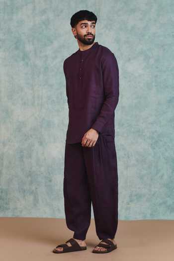 Saphed_Purple Linen Shirt Kurta And Barrel Pant Set _at_Aza_Fashions