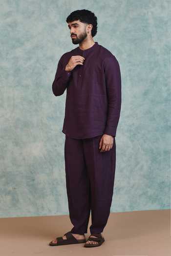 Buy_Saphed_Purple Linen Shirt Kurta And Barrel Pant Set 