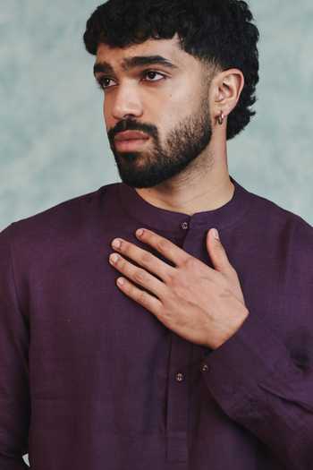Shop_Saphed_Purple Linen Shirt Kurta And Barrel Pant Set 