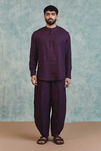 Saphed_Purple Linen Plum Shirt _Online_at_Aza_Fashions