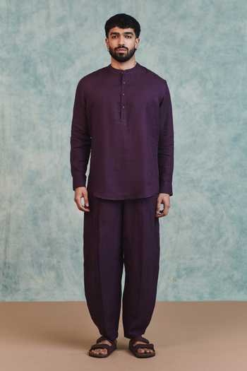 Buy_Saphed_Purple Linen Plum Barrel Pant _Online_at_Aza_Fashions