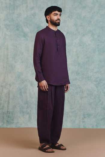 Saphed_Purple Linen Plum Barrel Pant _at_Aza_Fashions