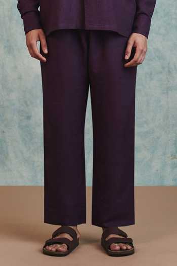 Saphed_Purple Linen Round Neck Kurta And Pant Set _Online_at_Aza_Fashions