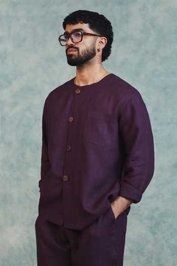 Buy_Saphed_Purple Linen Round Neck Kurta And Pant Set _Online_at_Aza_Fashions