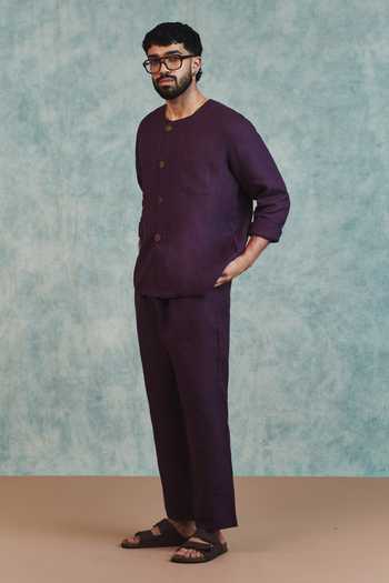 Shop_Saphed_Purple Linen Round Neck Kurta And Pant Set _Online_at_Aza_Fashions