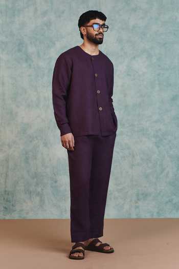 Saphed_Purple Linen Round Neck Kurta And Pant Set _at_Aza_Fashions