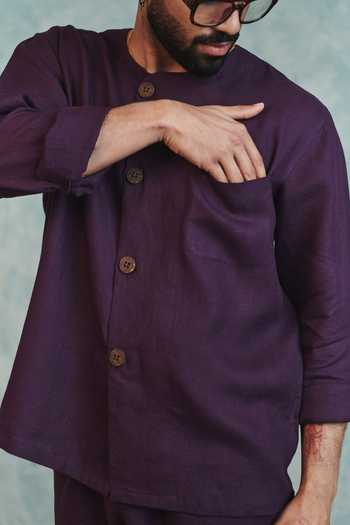 Buy_Saphed_Purple Linen Round Neck Kurta And Pant Set 