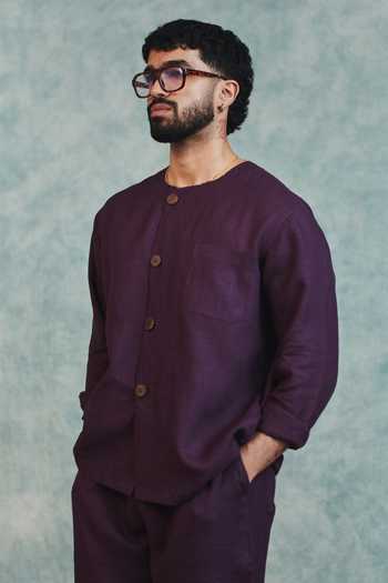 Saphed Plum Linen Round Neck Shirt 