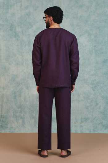Saphed Plum Linen Round Neck Shirt 