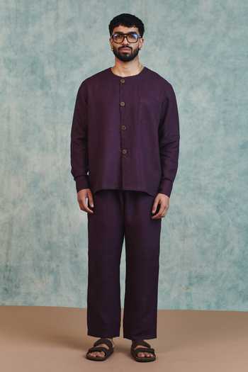 Saphed_Purple Linen Plum Round Neck Shirt _Online_at_Aza_Fashions