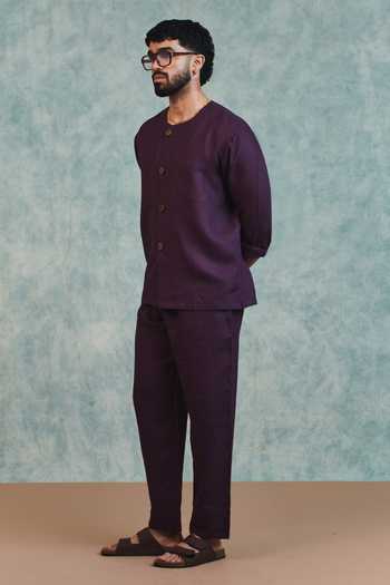 Buy_Saphed_Purple Linen Plum Round Neck Shirt _Online_at_Aza_Fashions