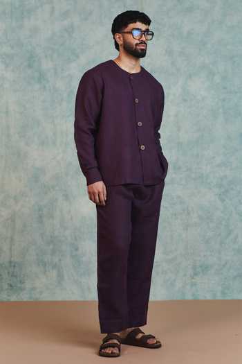 Shop_Saphed_Purple Linen Plum Round Neck Shirt _Online_at_Aza_Fashions