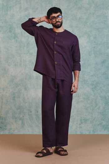 Saphed_Purple Linen Plum Round Neck Shirt _at_Aza_Fashions