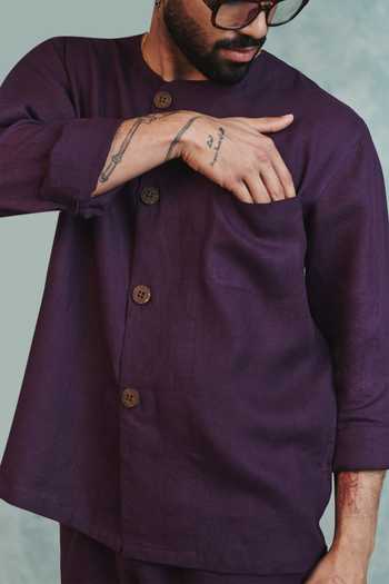 Buy_Saphed_Purple Linen Plum Round Neck Shirt 
