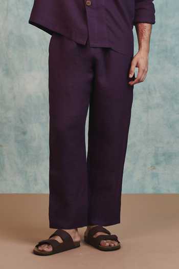 Saphed_Purple Linen Plum Lounge Pant _Online_at_Aza_Fashions