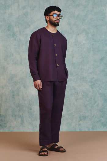 Buy_Saphed_Purple Linen Plum Lounge Pant _Online_at_Aza_Fashions