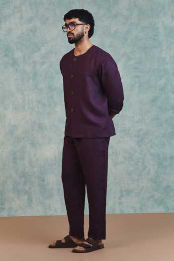 Saphed_Purple Linen Plum Lounge Pant _at_Aza_Fashions