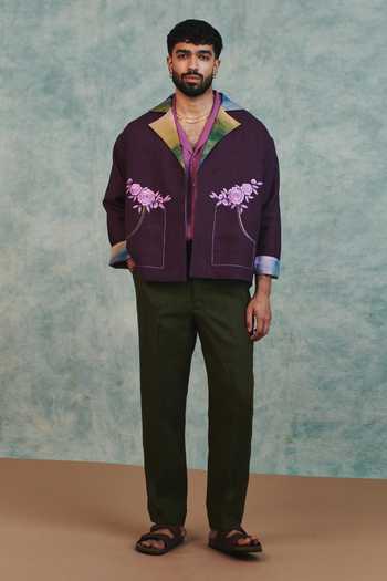 Saphed_Purple Linen Embroidered Open Jacket _Online_at_Aza_Fashions