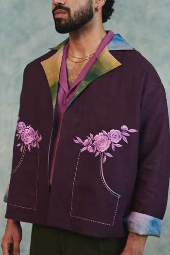 Buy_Saphed_Purple Linen Embroidered Open Jacket _Online_at_Aza_Fashions
