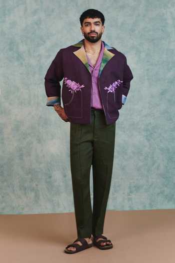 Saphed_Purple Linen Embroidered Open Jacket _at_Aza_Fashions