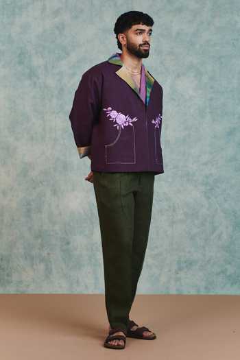 Buy_Saphed_Purple Linen Embroidered Open Jacket 