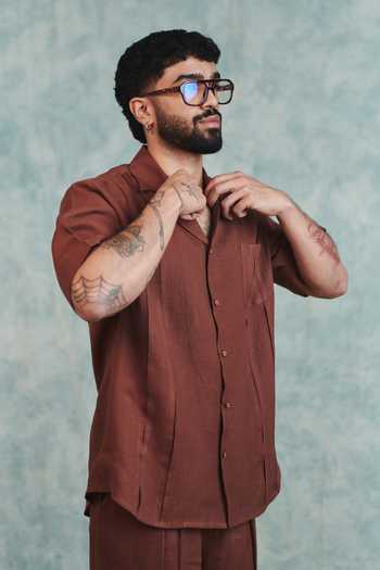 Saphed_Brown Linen Pleated Camp Collar Shirt _Online_at_Aza_Fashions