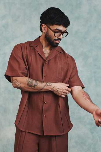 Buy_Saphed_Brown Linen Pleated Camp Collar Shirt _Online_at_Aza_Fashions