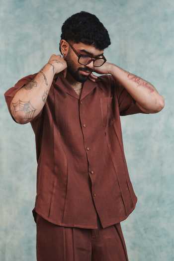 Shop_Saphed_Brown Linen Pleated Camp Collar Shirt _Online_at_Aza_Fashions