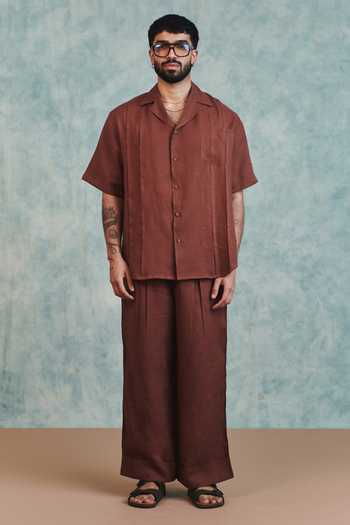 Saphed_Brown Linen Pleated Camp Collar Shirt _at_Aza_Fashions