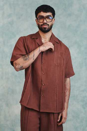 Saphed Linen Pleated Camp Collar Shirt 