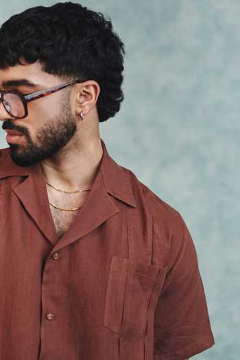 Buy_Saphed_Brown Linen Pleated Camp Collar Shirt 