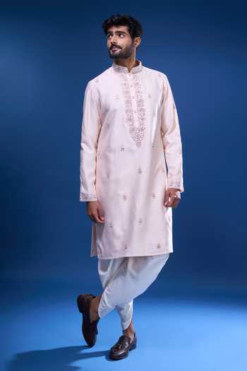 Arihant Rai Sinha_Cream Silk Embroidery, Mirrors Floral And Work Kurta Pant Set _at_Aza_Fashions