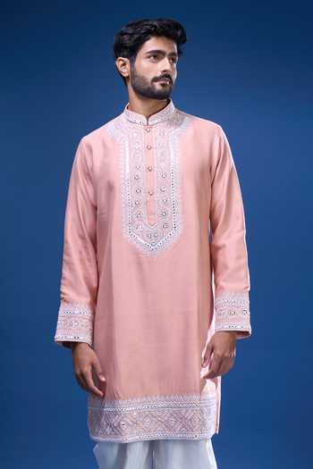 Buy Arihant Rai Sinha Peach Silk Embroidery, Mirrors Floret And Work Kurta Pant Set at Aza Fashions Buy_Arihant Rai Sinha_Peach Silk Embroidery, Mirrors Floret And Work Kurta Pant Set _at_Aza_Fashions