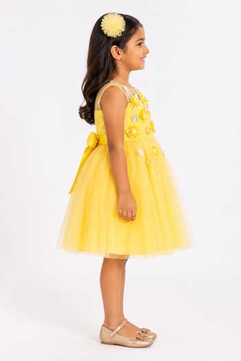 A Little Fable Yellow Polyester Marigold 3d Flower Dress Online at Aza Fashions A Little Fable_Yellow Polyester Marigold 3d Flower Dress _Online_at_Aza_Fashions