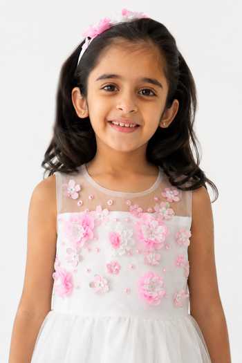 A Little Fable White Polyester 3d Flower Dress Online at Aza Fashions A Little Fable_White Polyester 3d Flower Dress _Online_at_Aza_Fashions