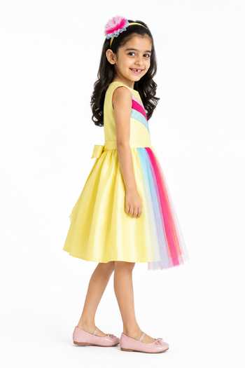A Little Fable Yellow Polyester Rainbow Fun Dress Online at Aza Fashions A Little Fable_Yellow Polyester Rainbow Fun Dress _Online_at_Aza_Fashions